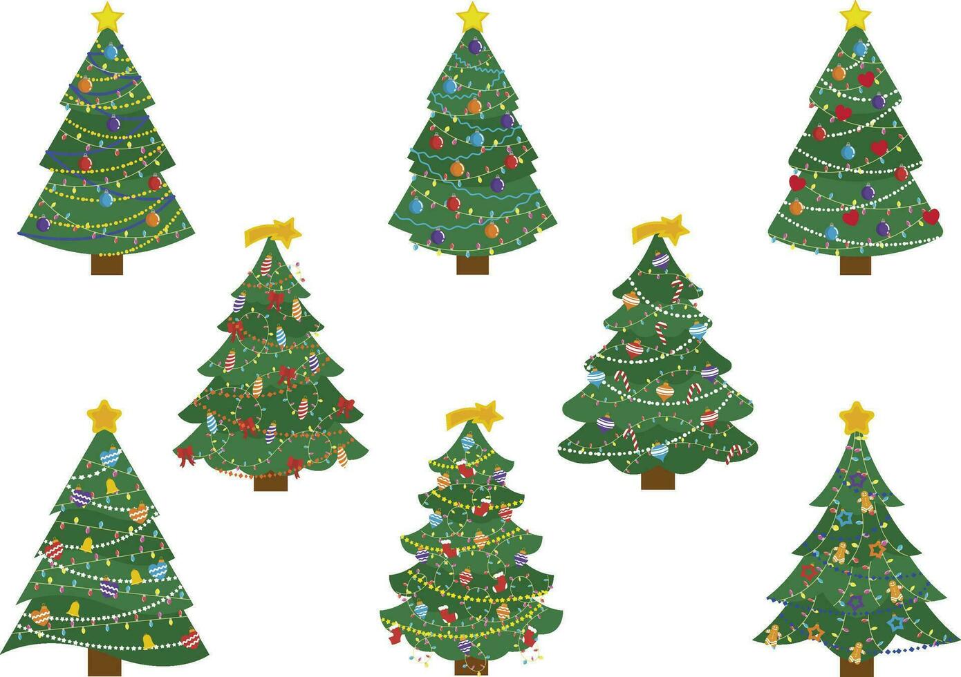 Flat green christmas trees. December holidays modern tree with snow leaves,Set of 6 pieces of Christmas decorated Christmas trees,Christmas tree collection vector