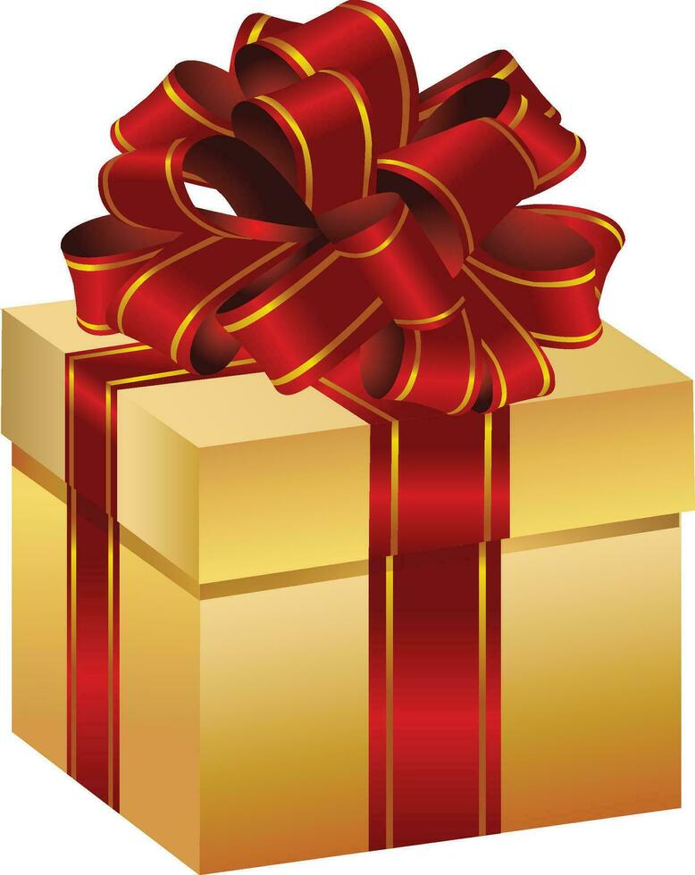 regalo caja con un grande rojo arco, cuadrado caja atado con un rojo satín cinta, allí es un dorado regalo caja con un arco en arriba, regalo caja vector