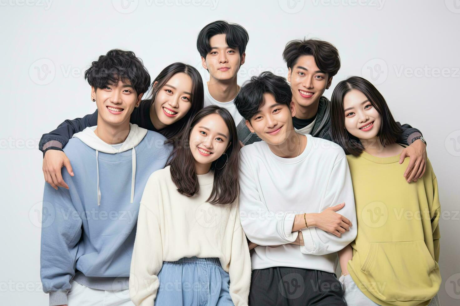 AI generated group of smiling asian men and women standing together photo