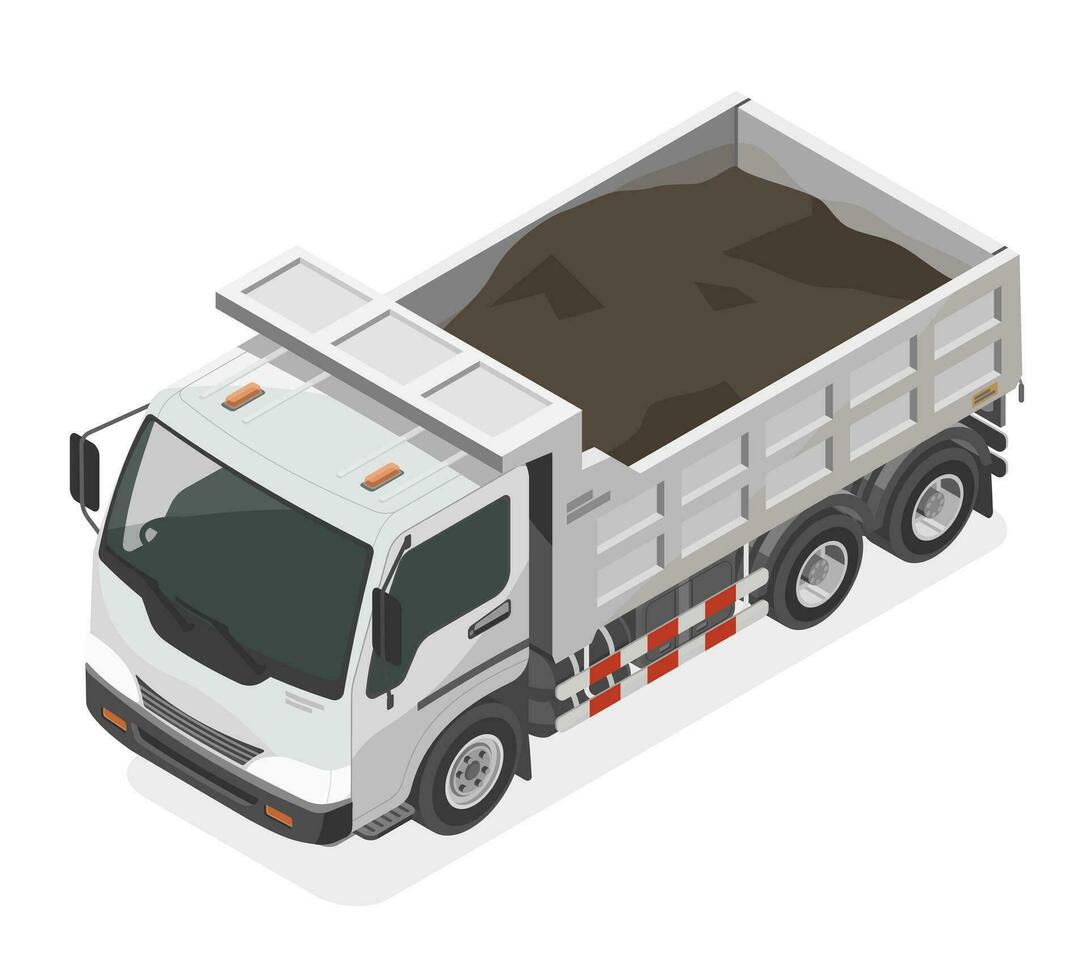 Construction dump truck pickup carry soil vehicle machinery white isometric isolated cartoon vector