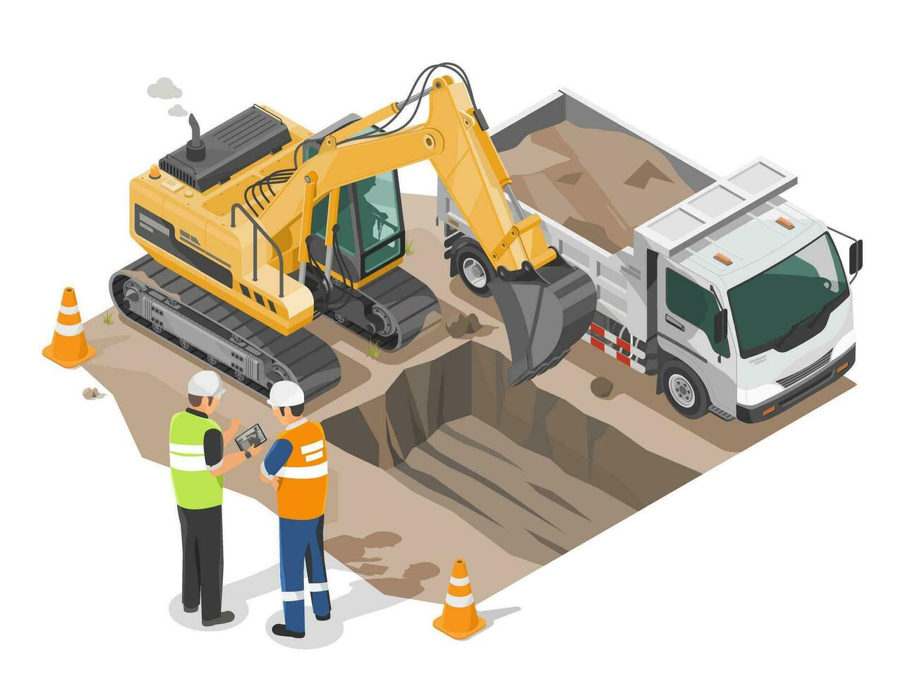 backhoe working at construction site with dump truck isometric and enginneer working with worker islolated cartoon vector