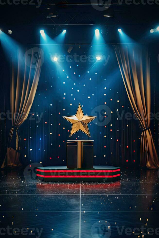 AI generated presentation backdrop with display podium under spotlights photo