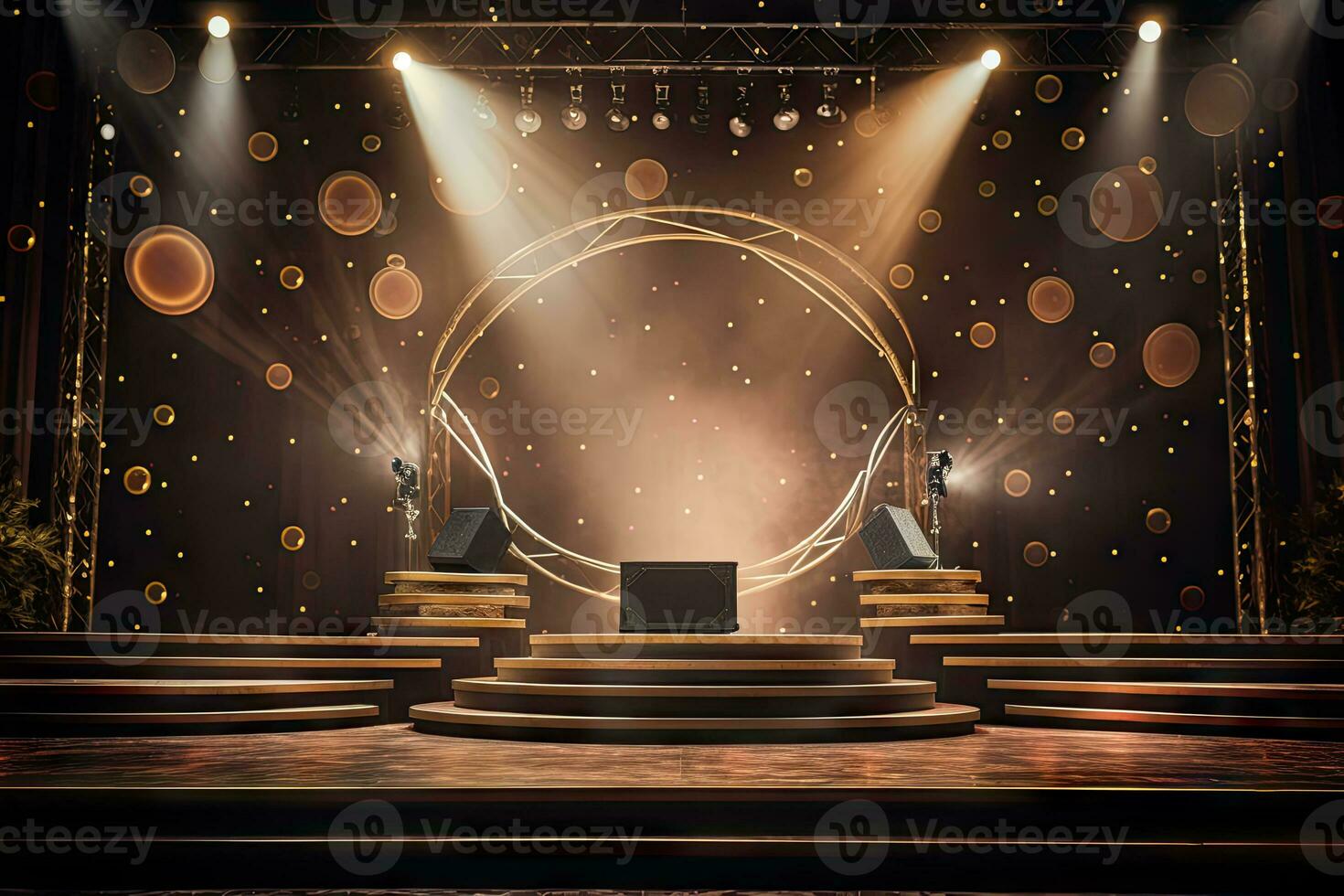 AI generated presentation backdrop with display podium under spotlights photo