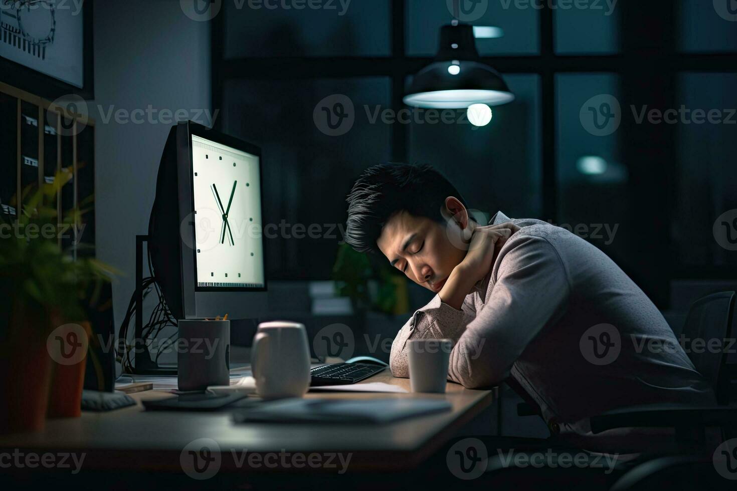 AI generated tired man hard working freelance job project photo