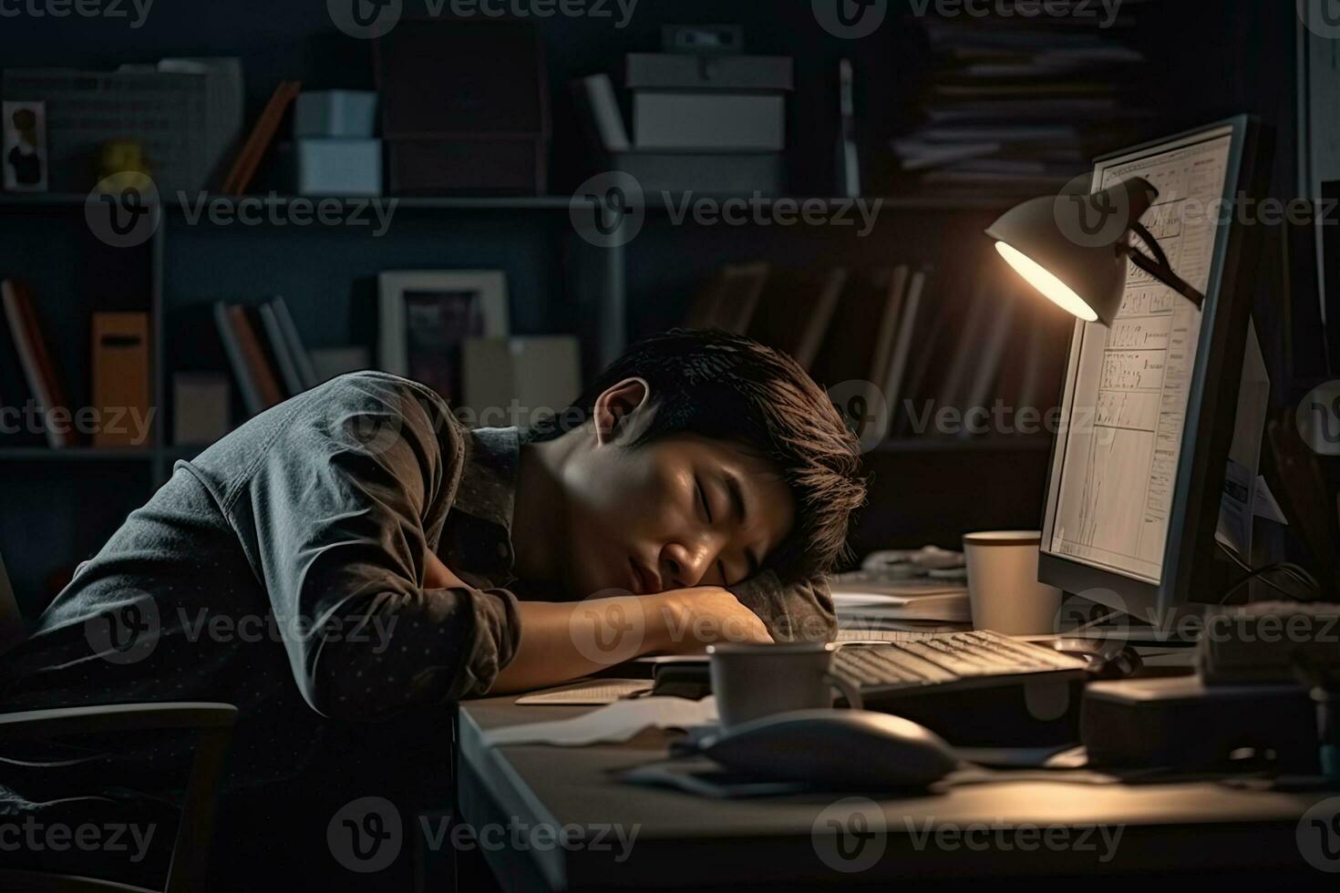 AI generated tired man hard working freelance job project photo