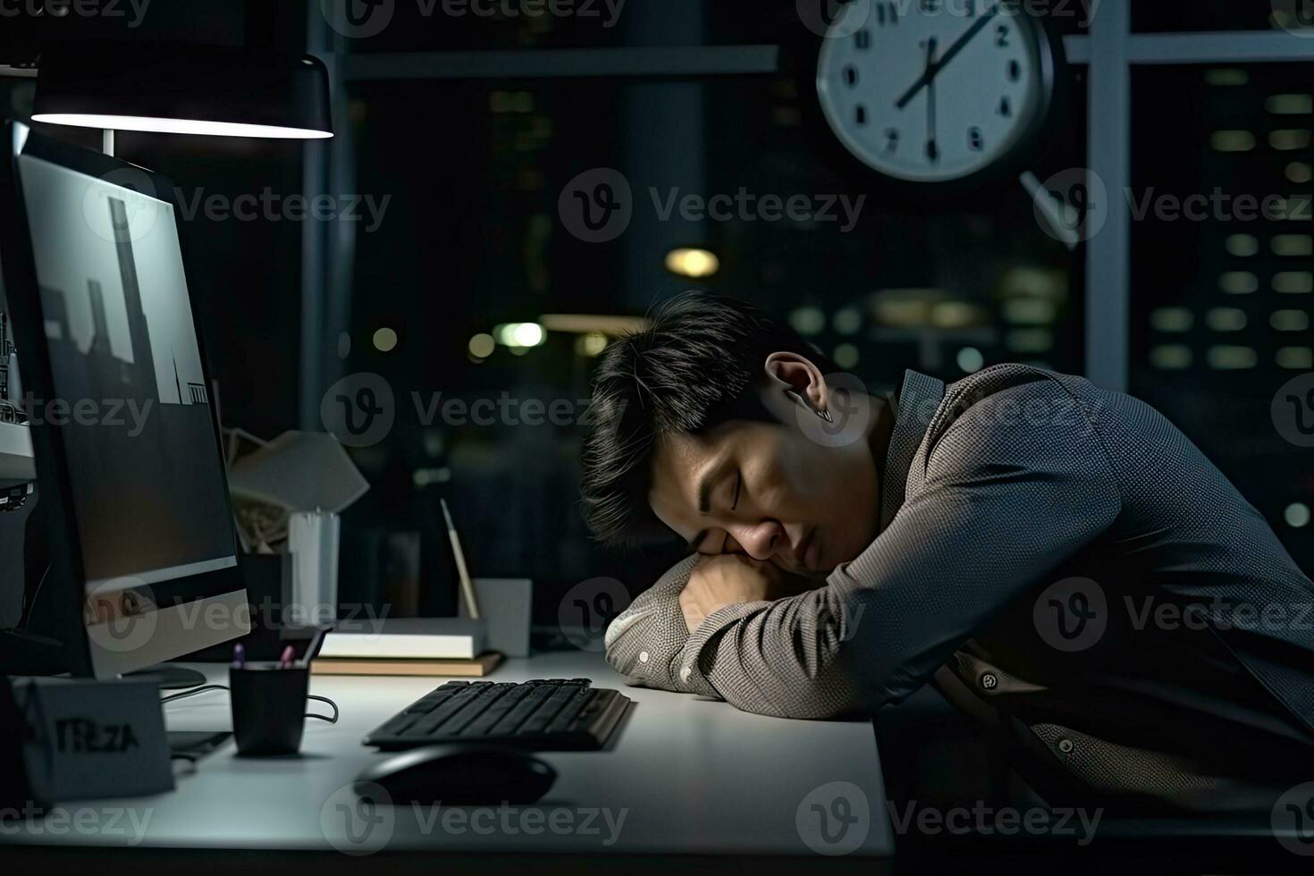 AI generated tired man hard working freelance job project photo