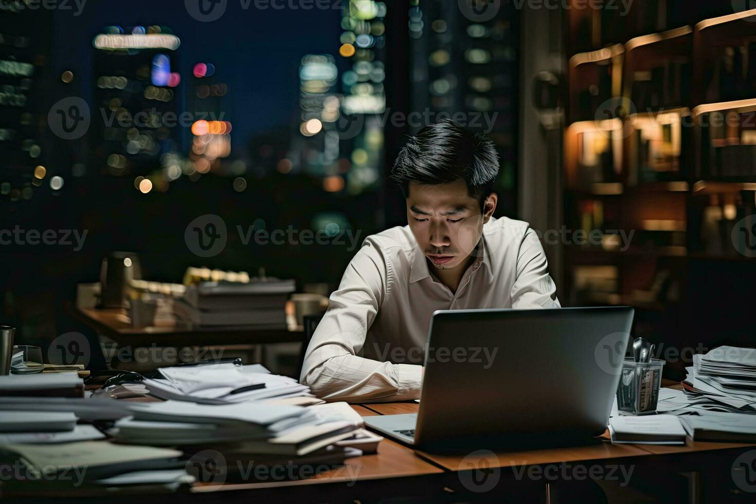 AI generated hispanic young man working at the office at night thinking looking tired and bored with depression photo