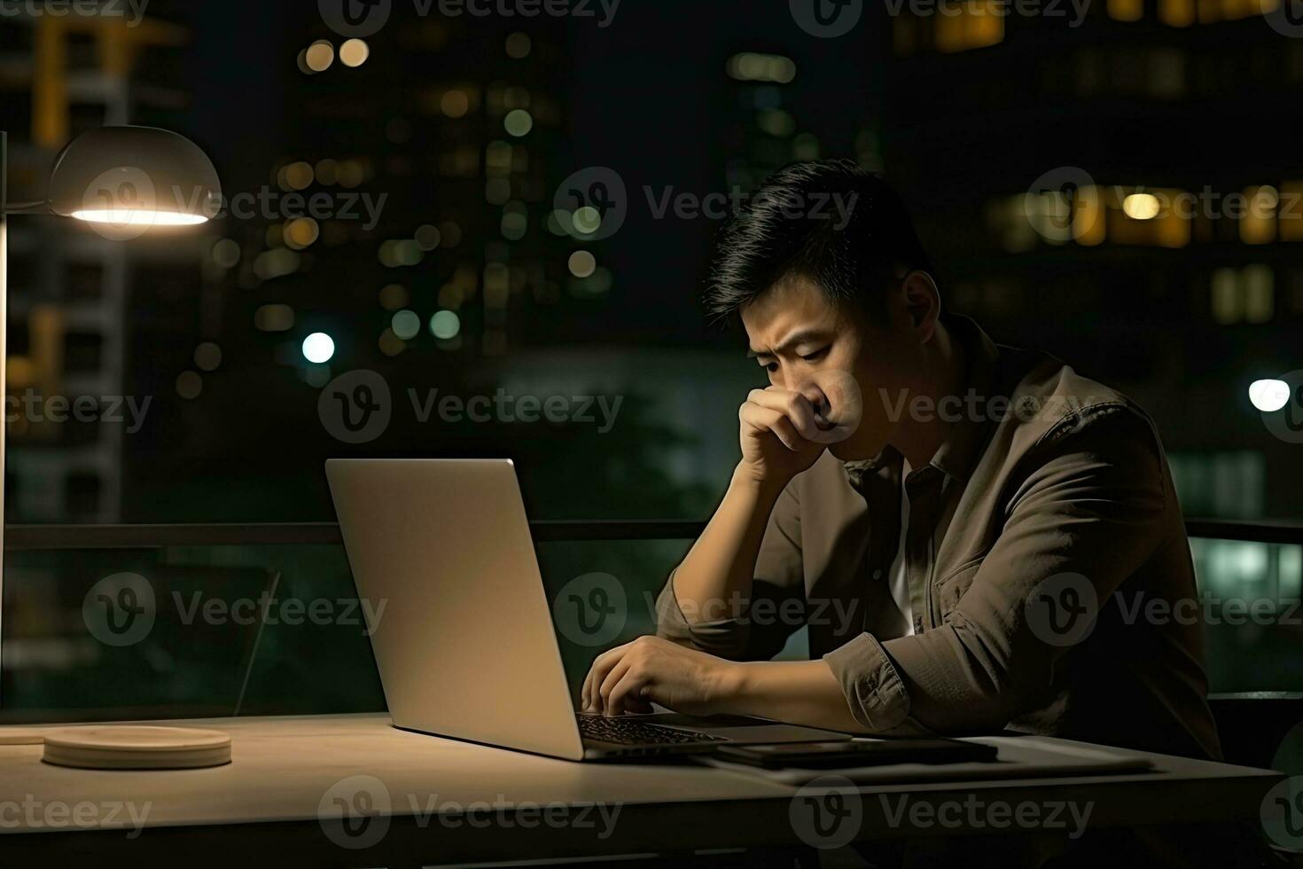 AI generated hispanic young man working at the office at night thinking looking tired and bored with depression photo