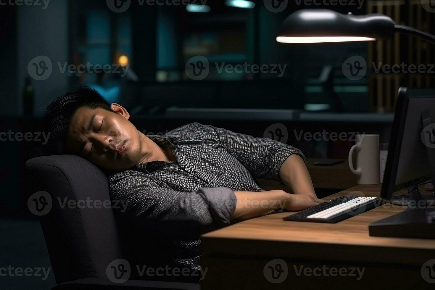 AI generated tired man hard working freelance job project photo