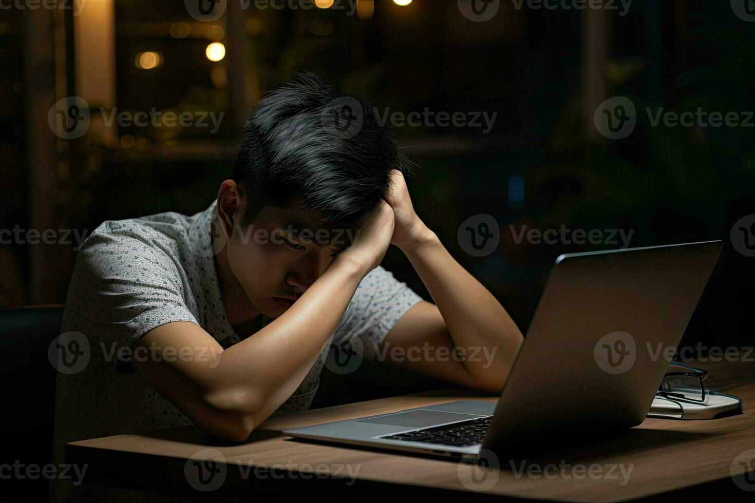 AI generated hispanic young man working at the office at night thinking looking tired and bored with depression photo