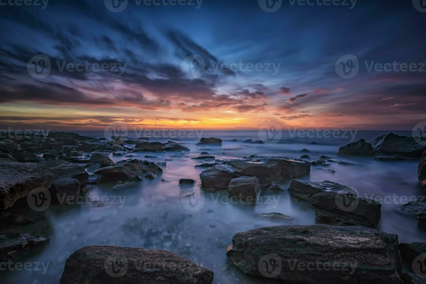 Magnificent sunrise view at the Black sea coast near Varna, Bulgaria. Blue hour photo