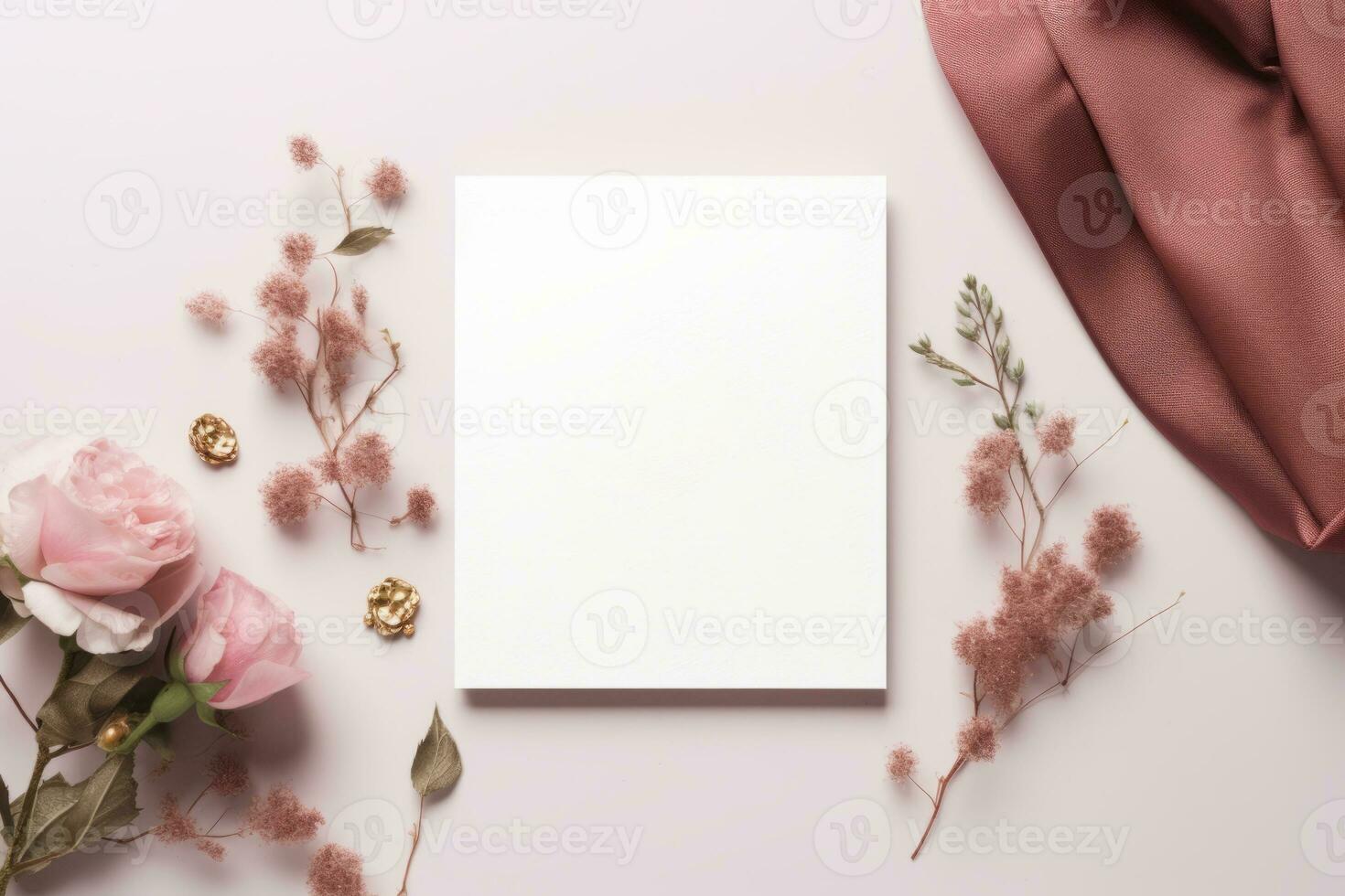 AI generated Mock up of white wedding invitation with dusty pink accents and floral elements. Generative AI photo