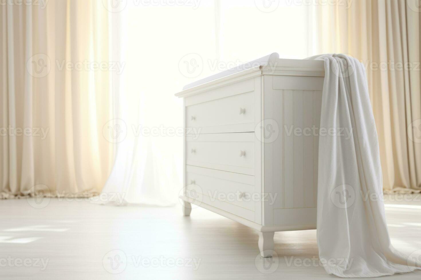 AI generated White baby dresser stands in cute baby room. Generative AI photo