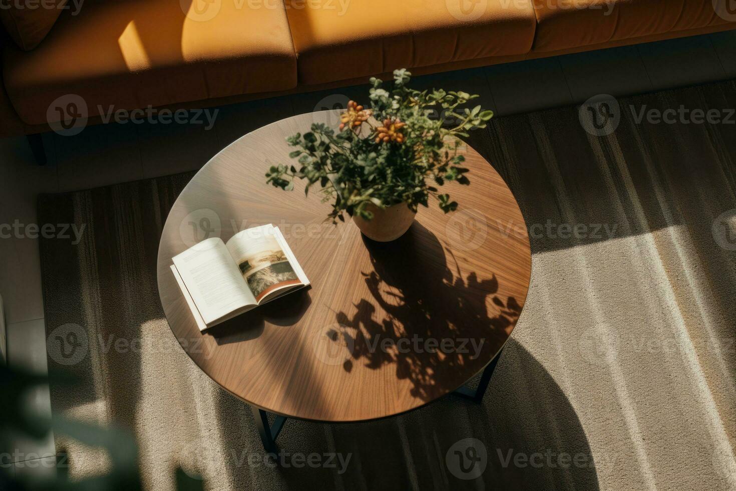 AI generated A coffee table in a living room, view from above. Generative AI photo