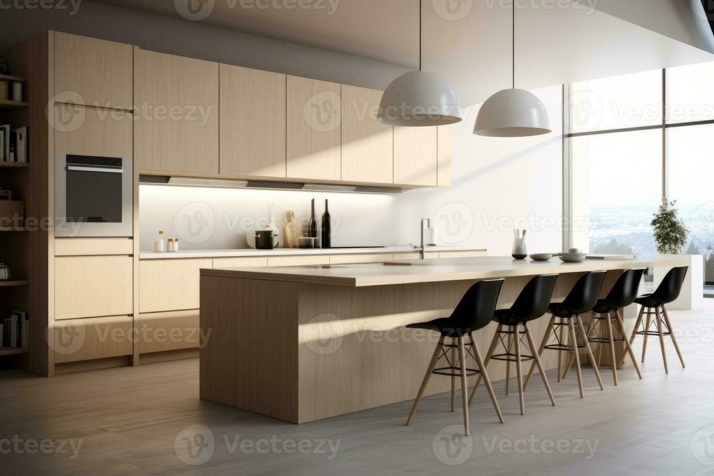 ai generado moderno escandinavo minimalista interior diseño de cocina con isla. generativo ai foto