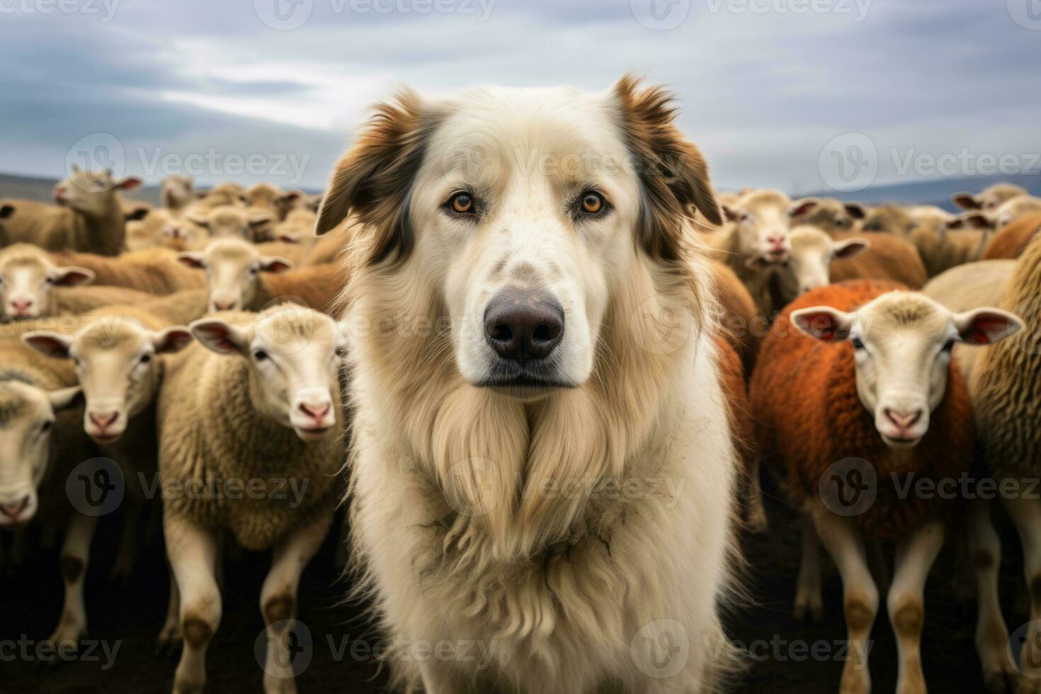 AI generated Shepherd dog guarding and leading the sheep flock on a summer day. Generative AI photo