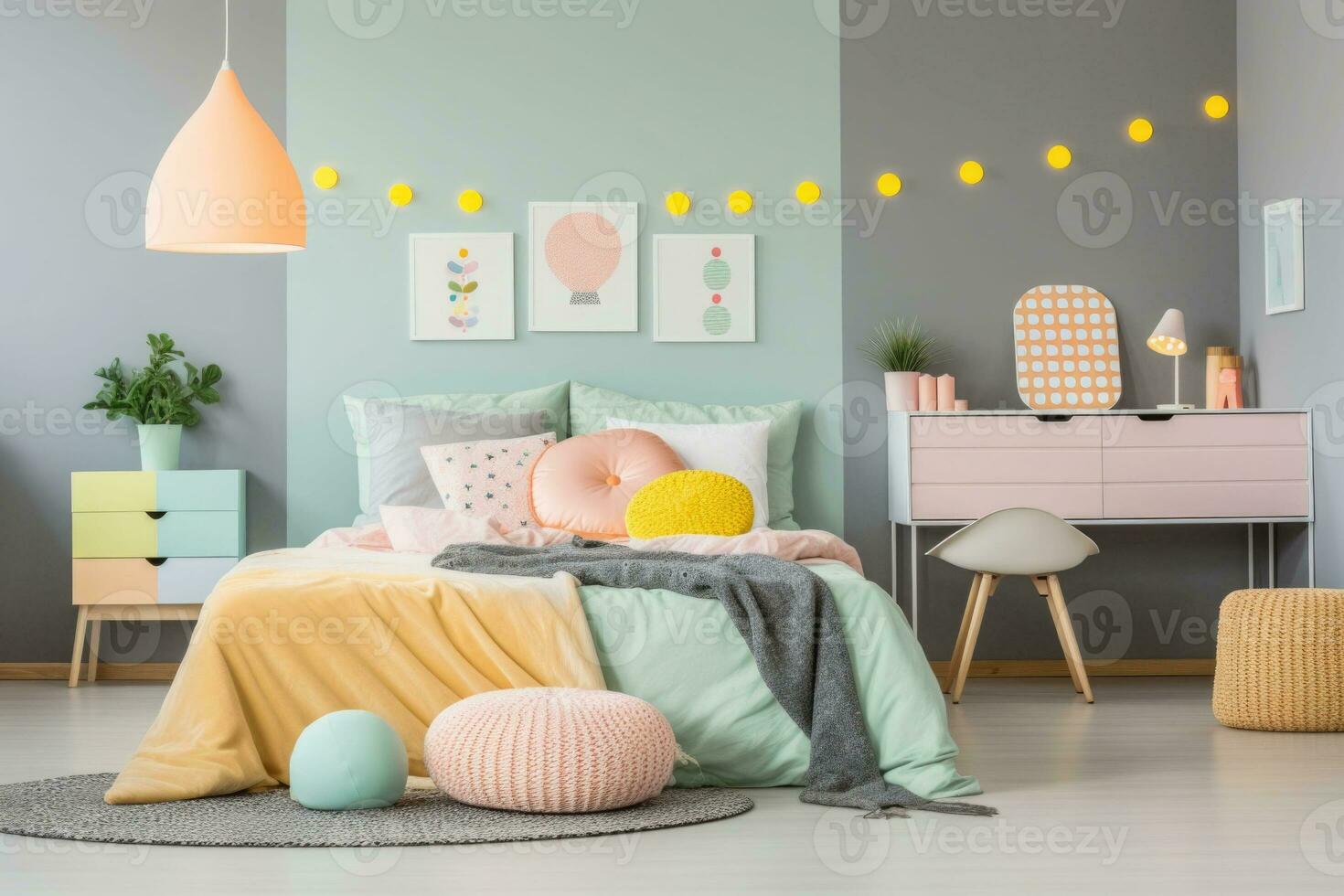 AI generated Cheerful kids bedroom with comfortable bed and desk decorated in a pastel colors. Generative AI photo
