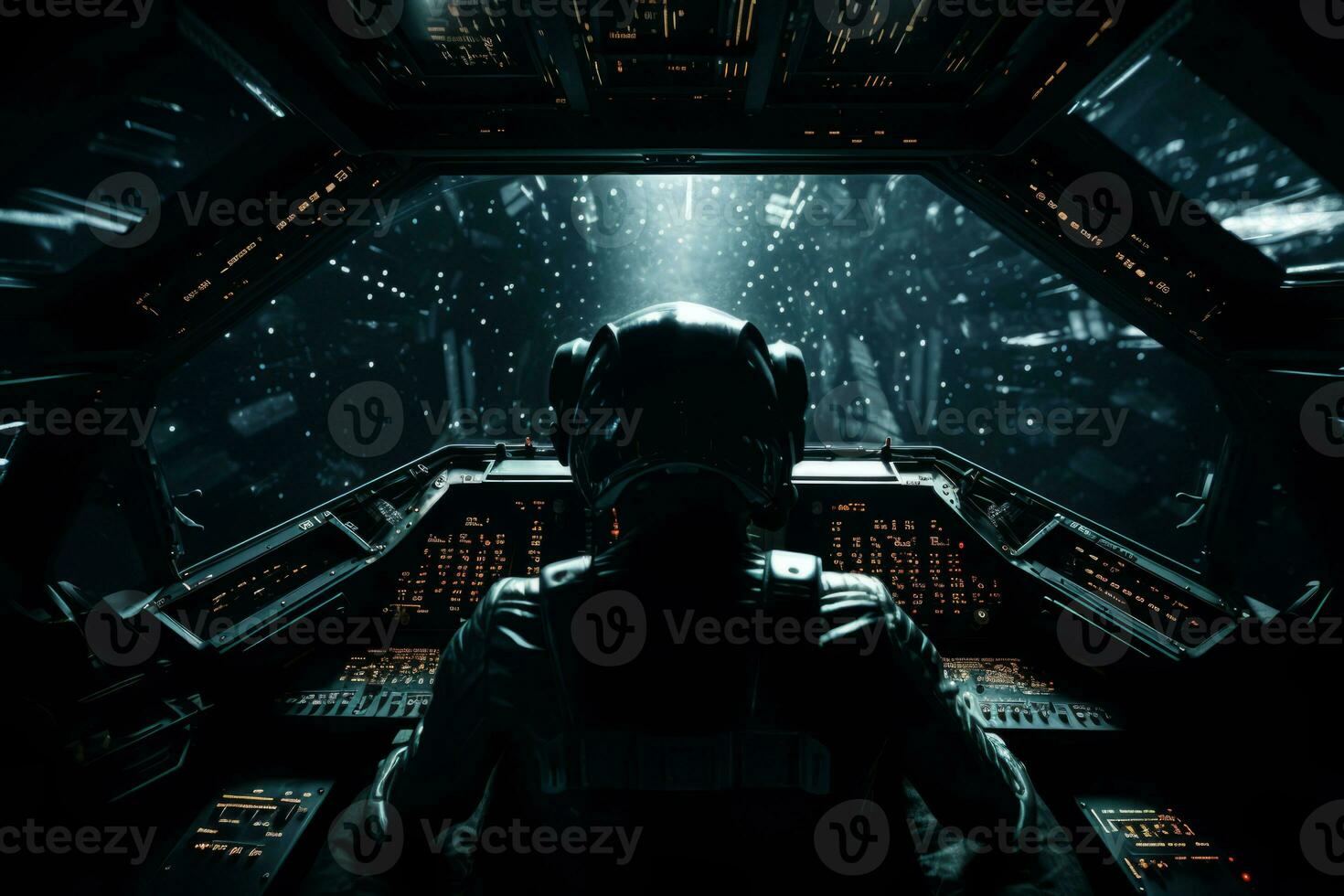 AI generated View from inside the cockpit of a space ship. Black empty outer space. Generative AI photo