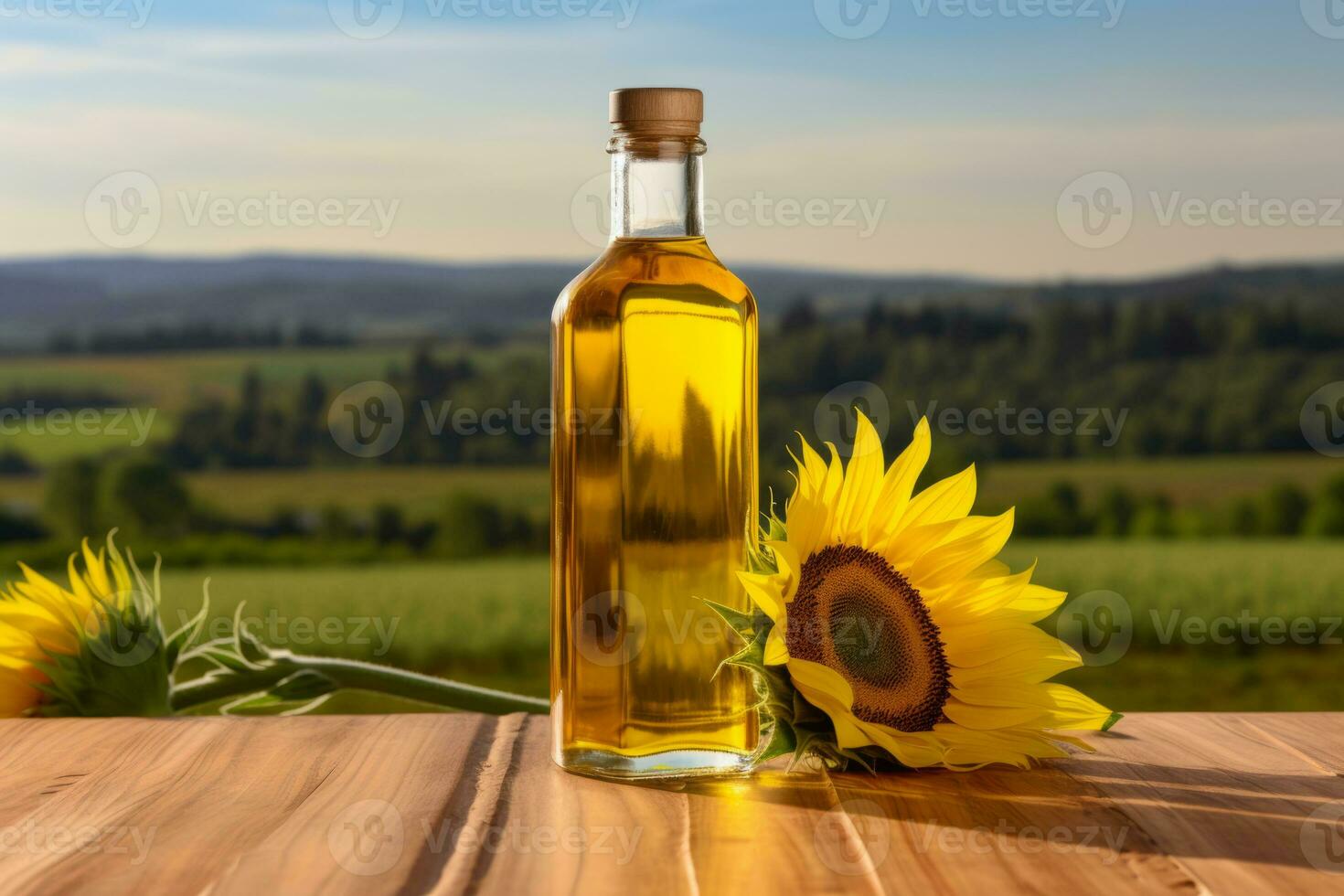 AI generated Plastic bottle of sunflower oil on a wooden table with a sunflower field backdrop. Generative AI photo