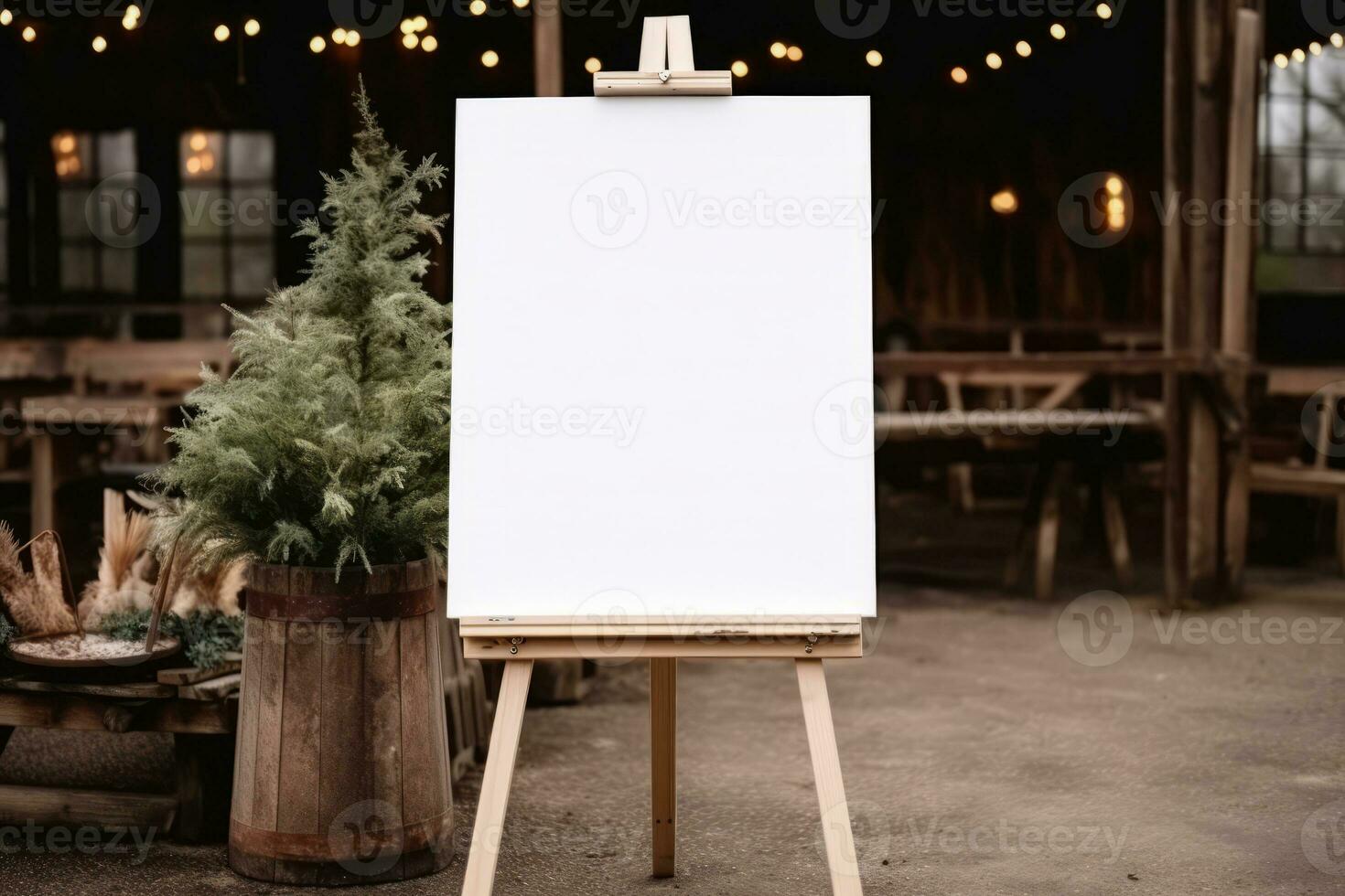 AI generated Wooden blank white easel mockup. Board for wedding inscription. Generative AI photo