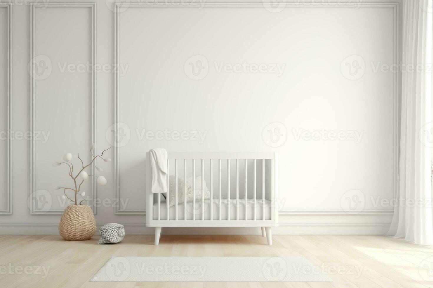 AI generated Minimalist interior of cozy nursery room with a white crib. Generative AI photo