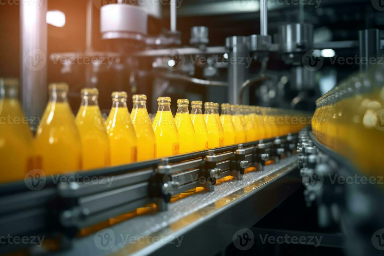 AI generated Production line fills glass bottles with vibrant yellow beverages. Conveyor belt. Generative AI photo