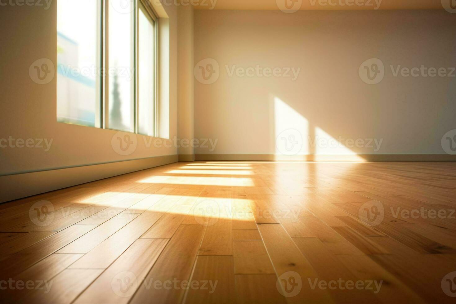 AI generated Living room with sunlight shine through a sliding door, wooden floor, white wall. Generative AI photo