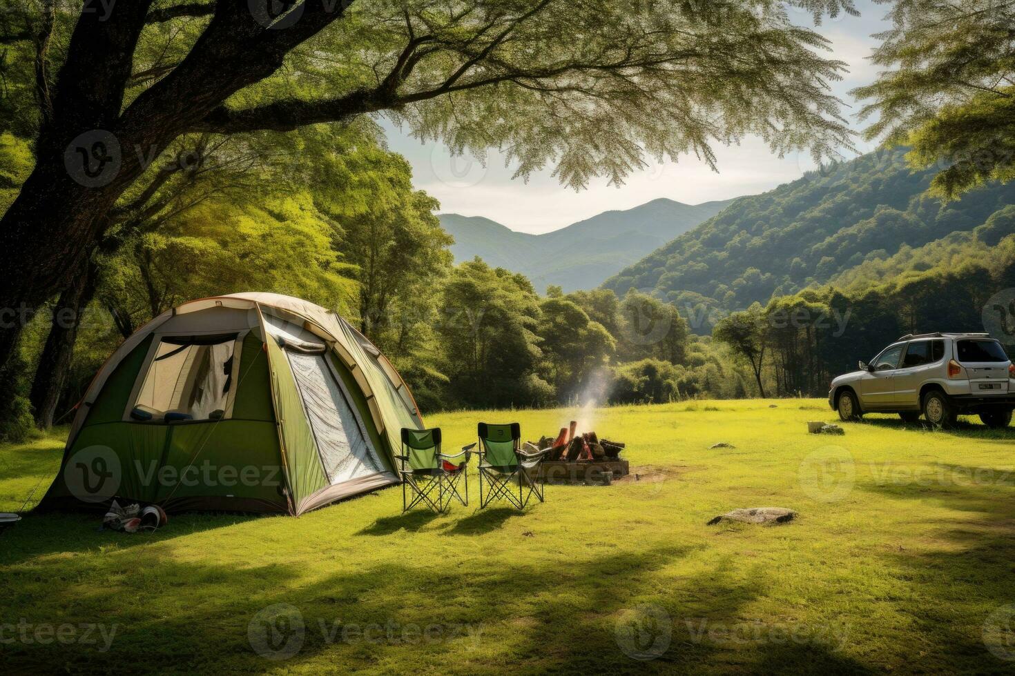 AI generated Camping tent on grass campground in green forest. Camp to holiday relax or vacation travel trip . Generative AI photo