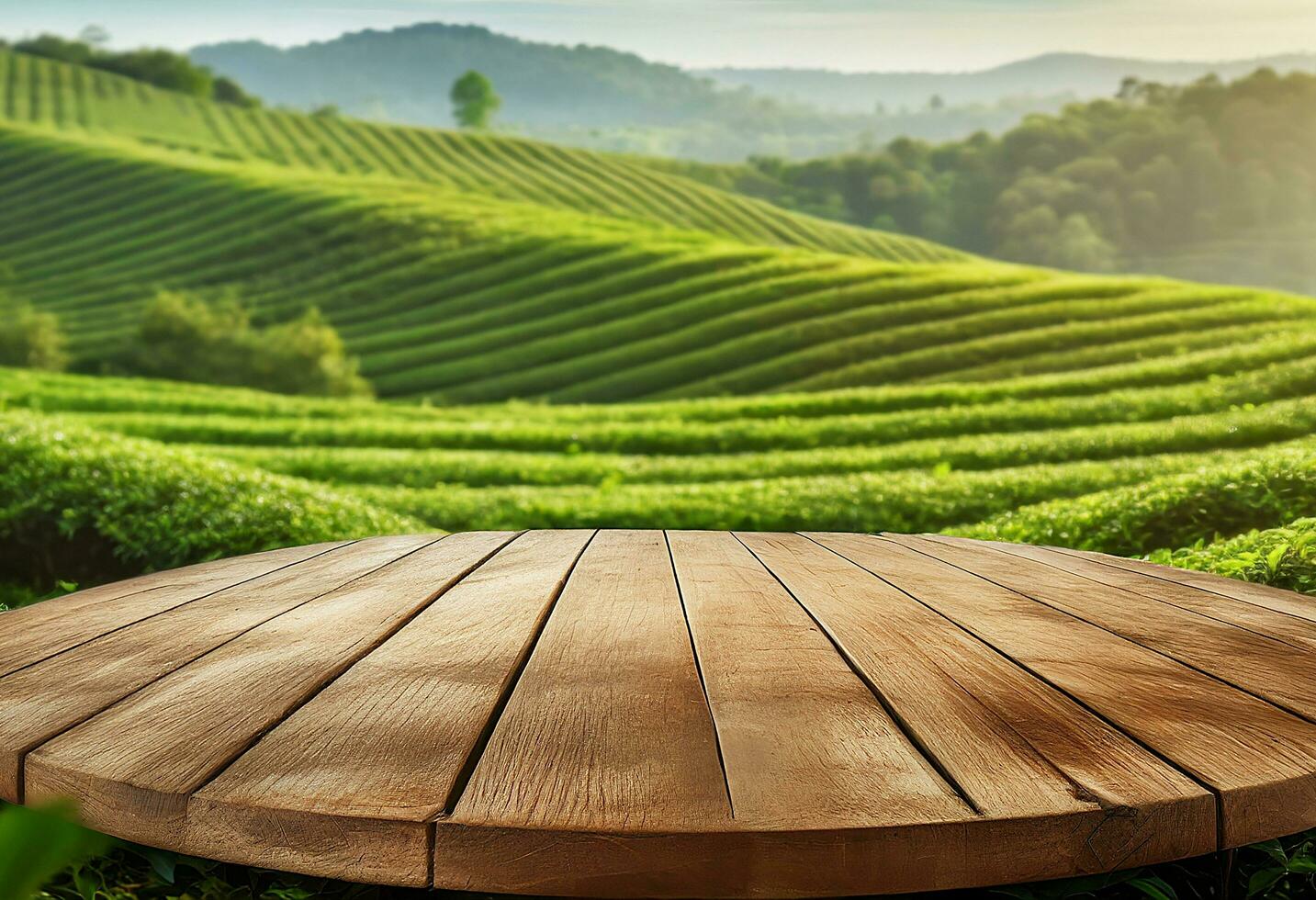 Circle wooden table top with blurred tea plantation landscape against blue sky and blurred green leaf frame Product display concept natural background photo
