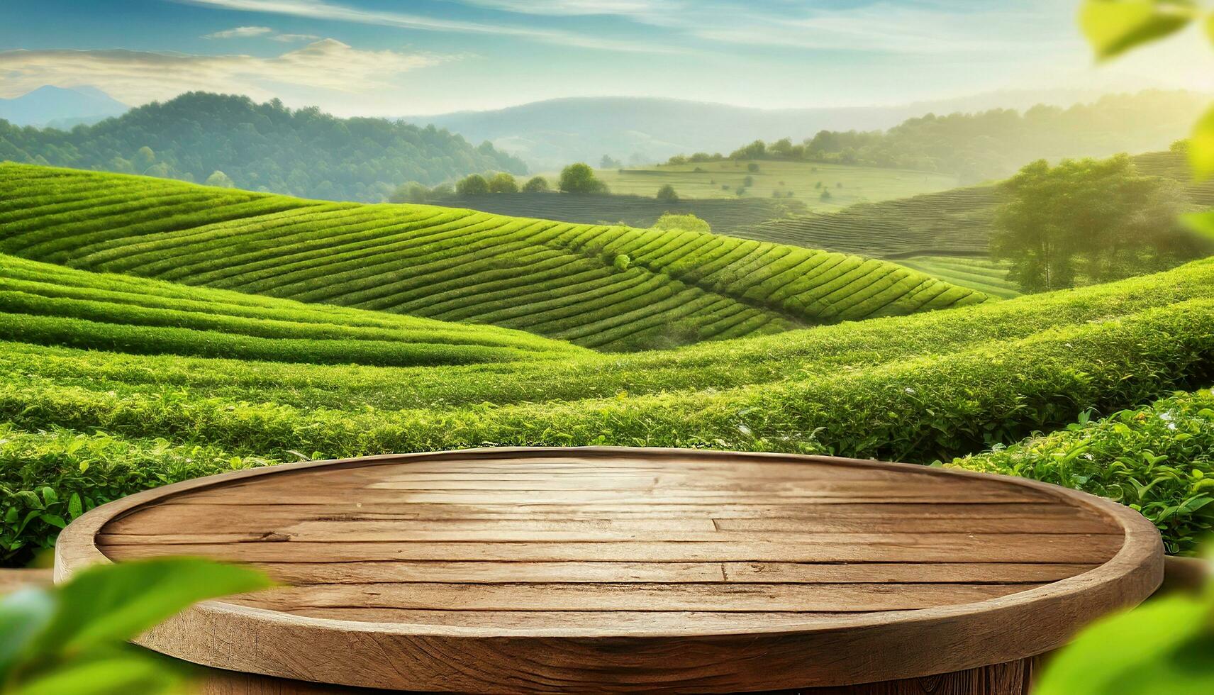 Circle wooden table top with blurred tea plantation landscape against blue sky and blurred green leaf frame Product display concept natural background photo