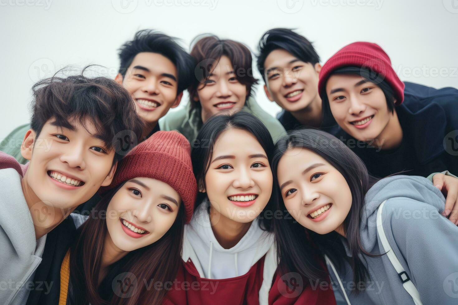 AI generated group of smiling asian men and women standing together photo