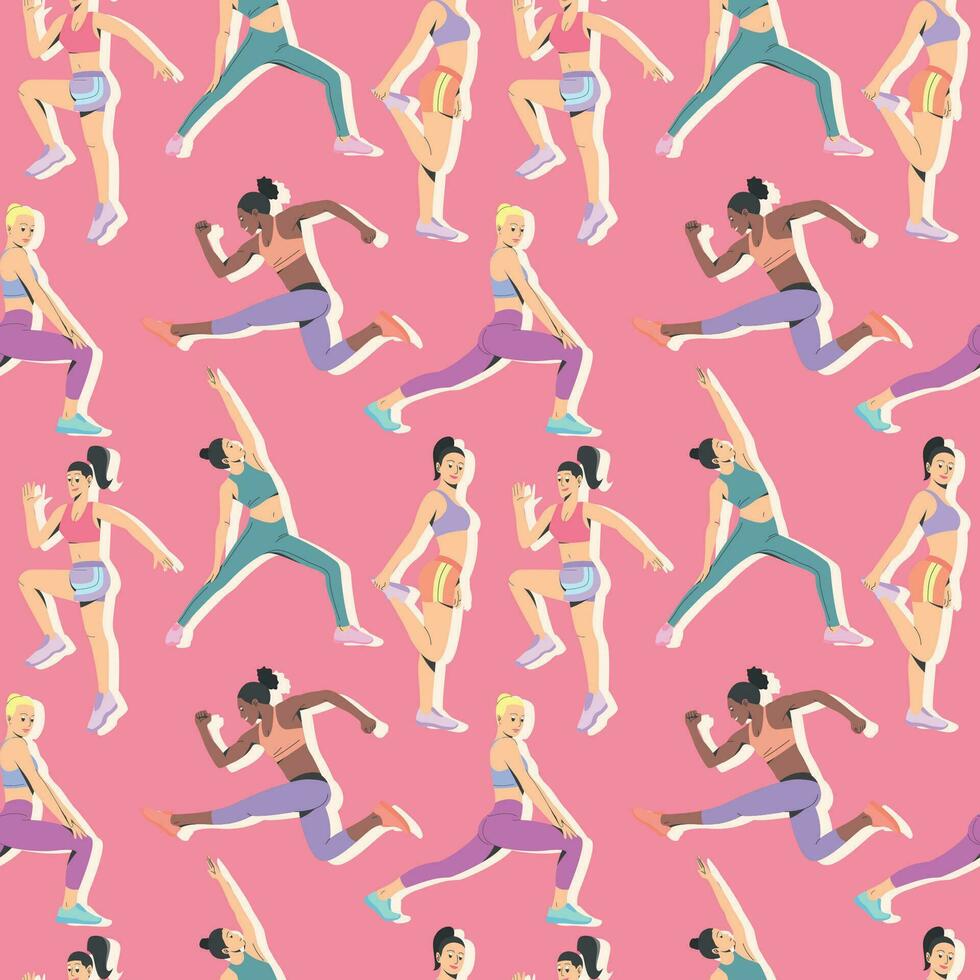 WOMEN ARE EXERCISING IN SOME DIFFERENT MOVEMENTS. FLAT PATTERN DESIGN. vector