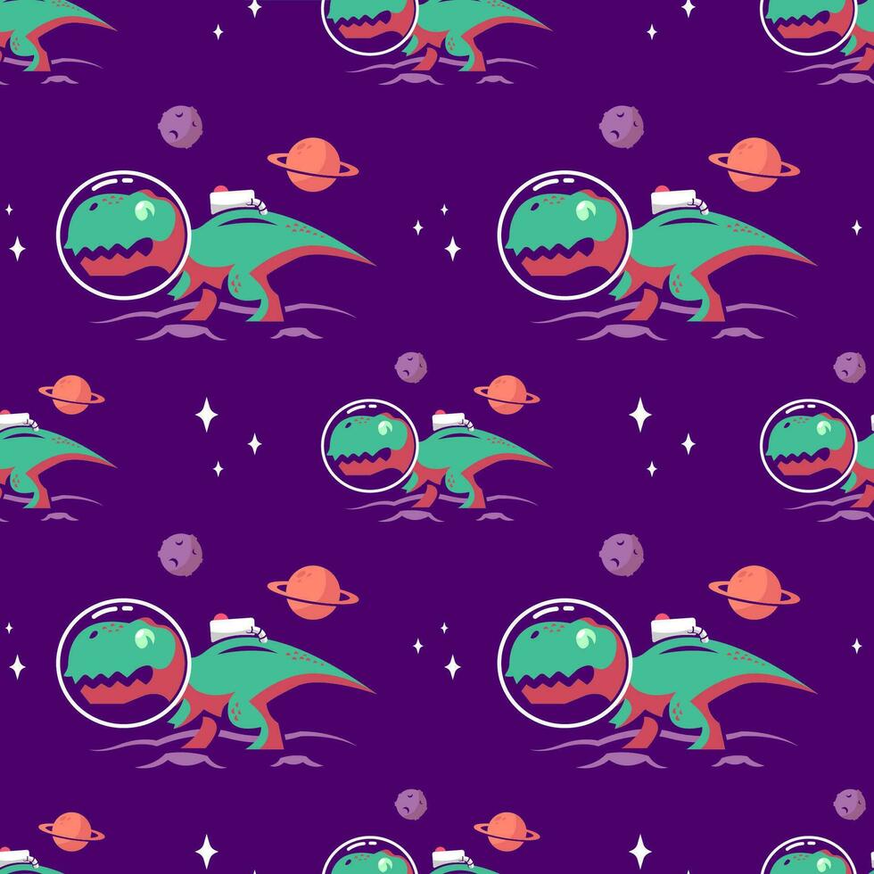 GREEN DINOSAUR IS WEARING ASTRONAUT HELMET IN SPACE FLAT SEAMLESS PATTERN. PREMIUM VECTOR. vector