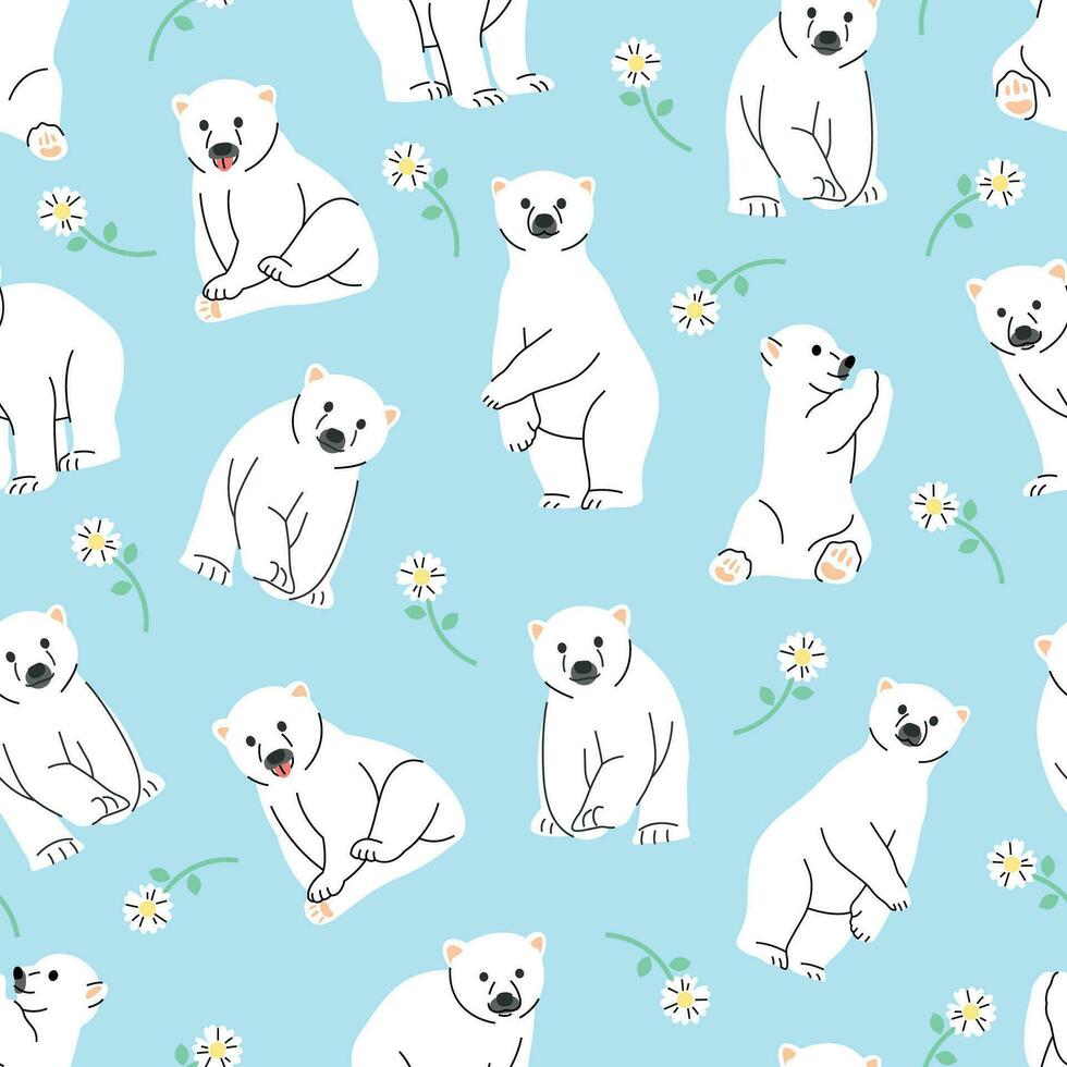 CUTE POLAR BEAR IN SOME DIFFERENT MOVES IN BLUE BACKGROUND AND FLOWERS FLAT SEAMLESS PATTERN DESIGN. vector