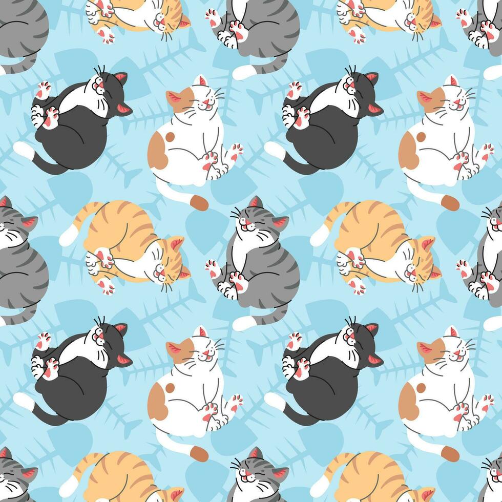 CUTE CATS IN SOME DIFFERENT COLORS IN BLUE BACKGROUND SEAMLESS PATTERN DESIGN. vector