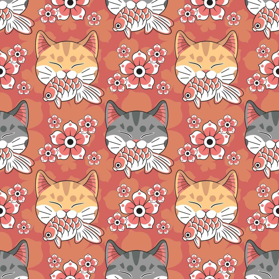 JAPANESE STYLE GREY AND ORANGE CAT IS BITING A KOI FISH WITH FLOWERS SEAMLESS PATTERN DESIGN. vector