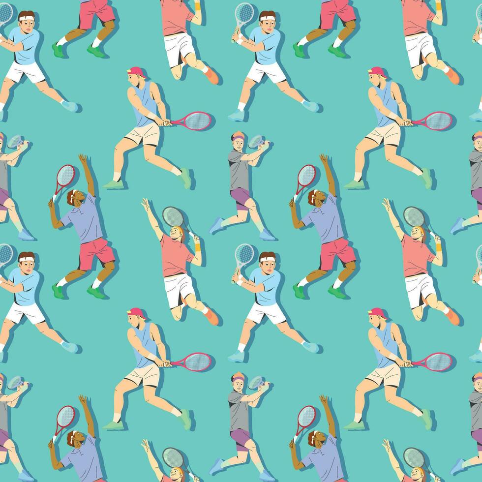 TENNIS PLAYERS ARE HITTING THE BALL IN SOME DIFFERENT MOVEMENTS. FLAT PATTERN DESIGN. vector