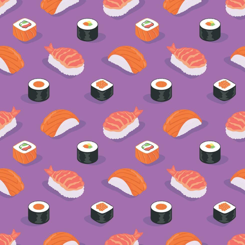 variedad de plano japonés Sushi sin costura modelo en púrpura antecedentes. vector