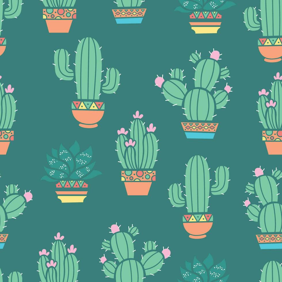 GREEN CACTUS PLANT INSIDE THE POT FLAT SEAMLESS PATTERN. vector