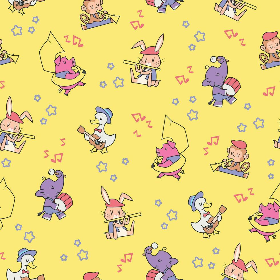 CUTE ANIMAL ARE PLAYING MUSIC INSTRUMENT IN YELLOW BACKGROUND. CARTOON SEAMLESS PATTERN. vector