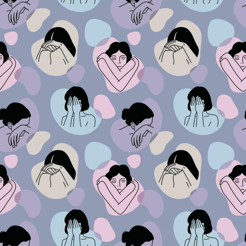 GIRLS IN SOME DIFFERENT POSES IN COLORFUL AND ABSTRACT BACKGROUND SEAMLESS PATTERN DESIGN. vector