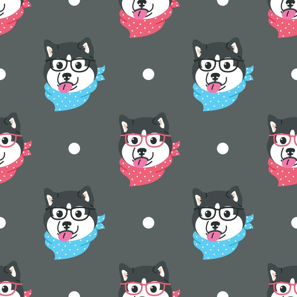 CUTE FACE HUSKY IS WEARING GLASSES AND A SCARF FLAT SEAMLESS  PATTERN. vector
