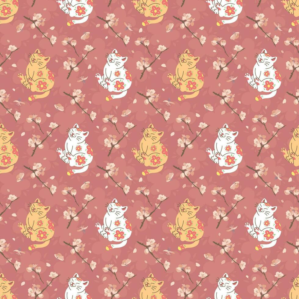 JAPANESE STYLE WHITE AND ORANGE CAT WITH SAKURA FLOWERS IN BROWN BACKGROUND SEAMLESS PATTERN DESIGN. vector