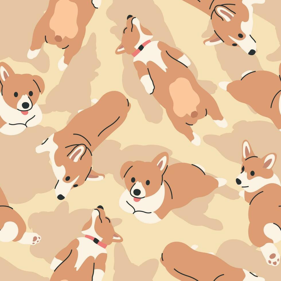 CUTE CORGIES PUPPY IN SOME DIFFERENT SLEEPING MOVES AND IN BROWN BACKGROUND FLAT PATTERN DESIGN. vector