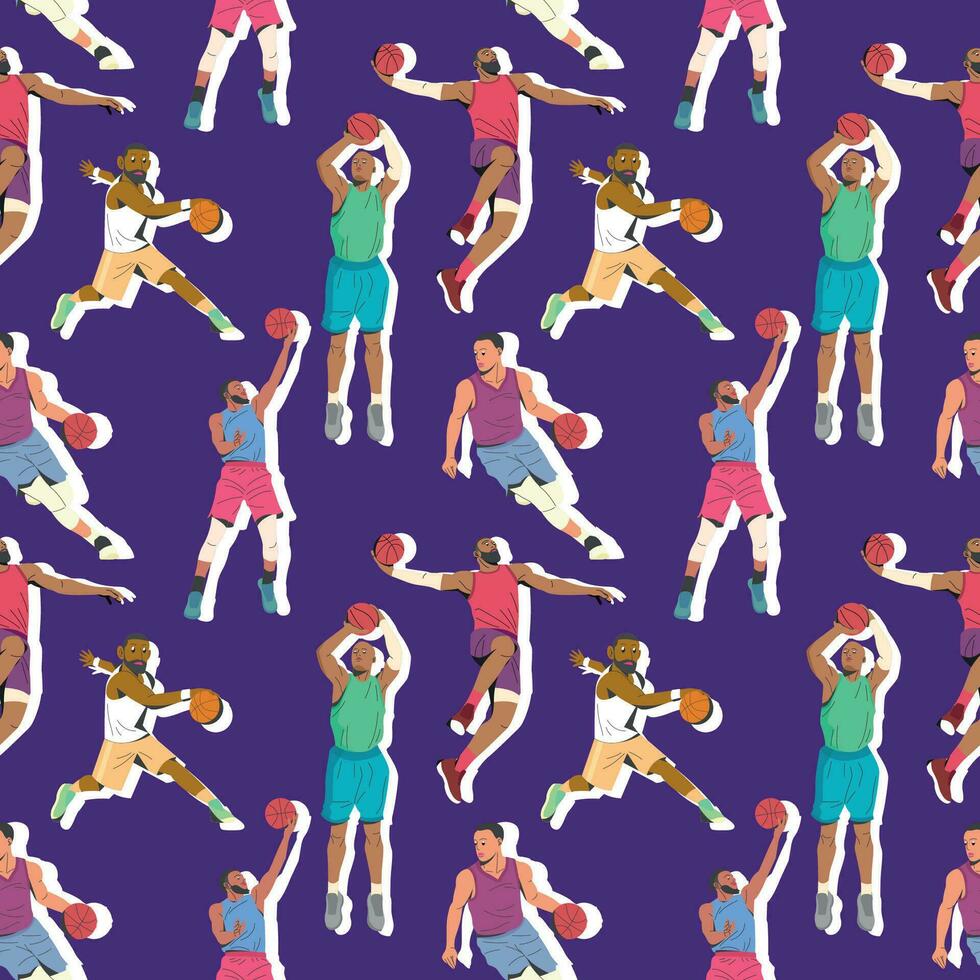 BASKETBALL PLAYERS ARE SHOWING SOME DIFFERENT MOVEMENTS. FLAT PATTERN DESIGN. vector