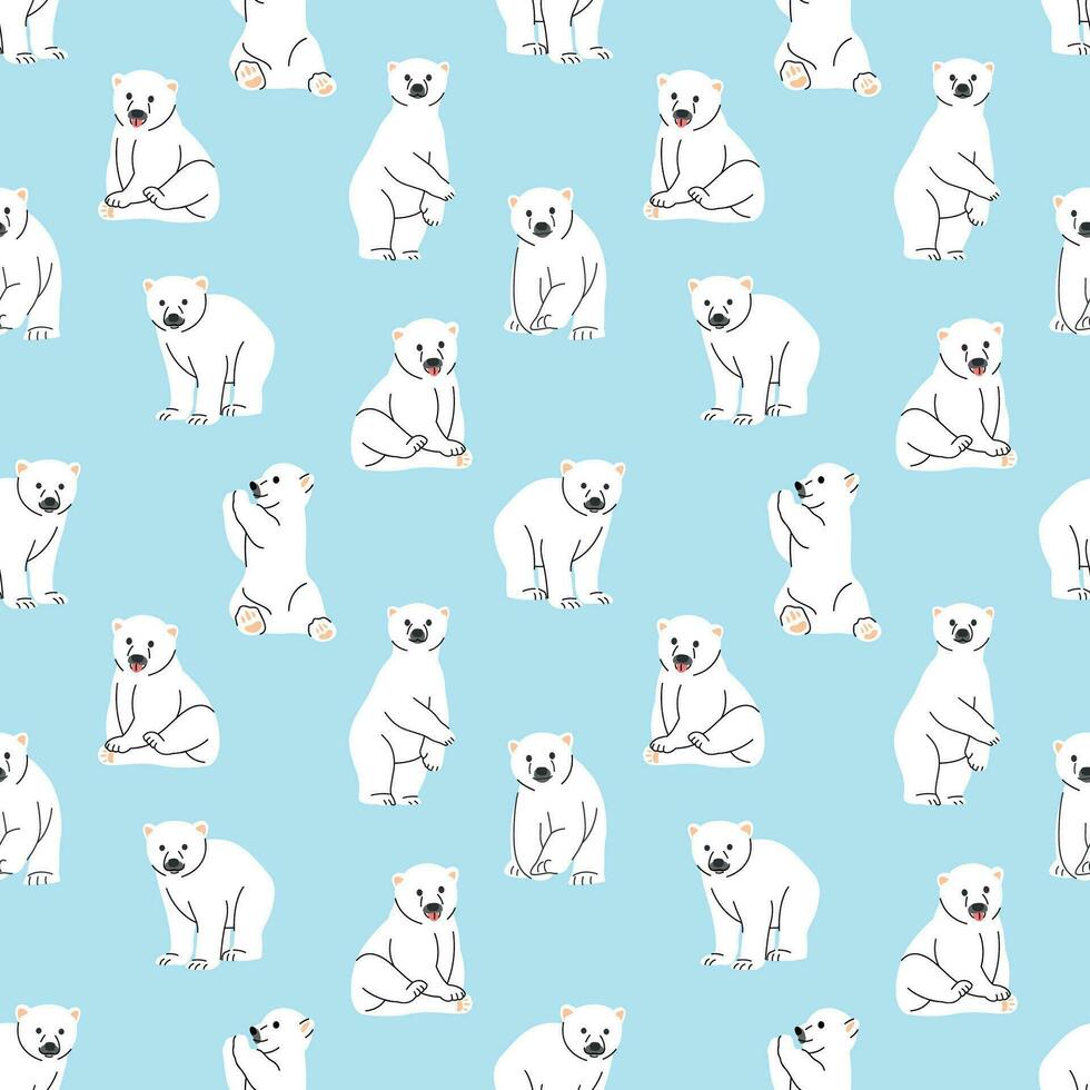 CUTE POLAR BEAR IN SOME DIFFERENT MOVES IN BLUE BACKGROUND FLAT PATTERN DESIGN. vector