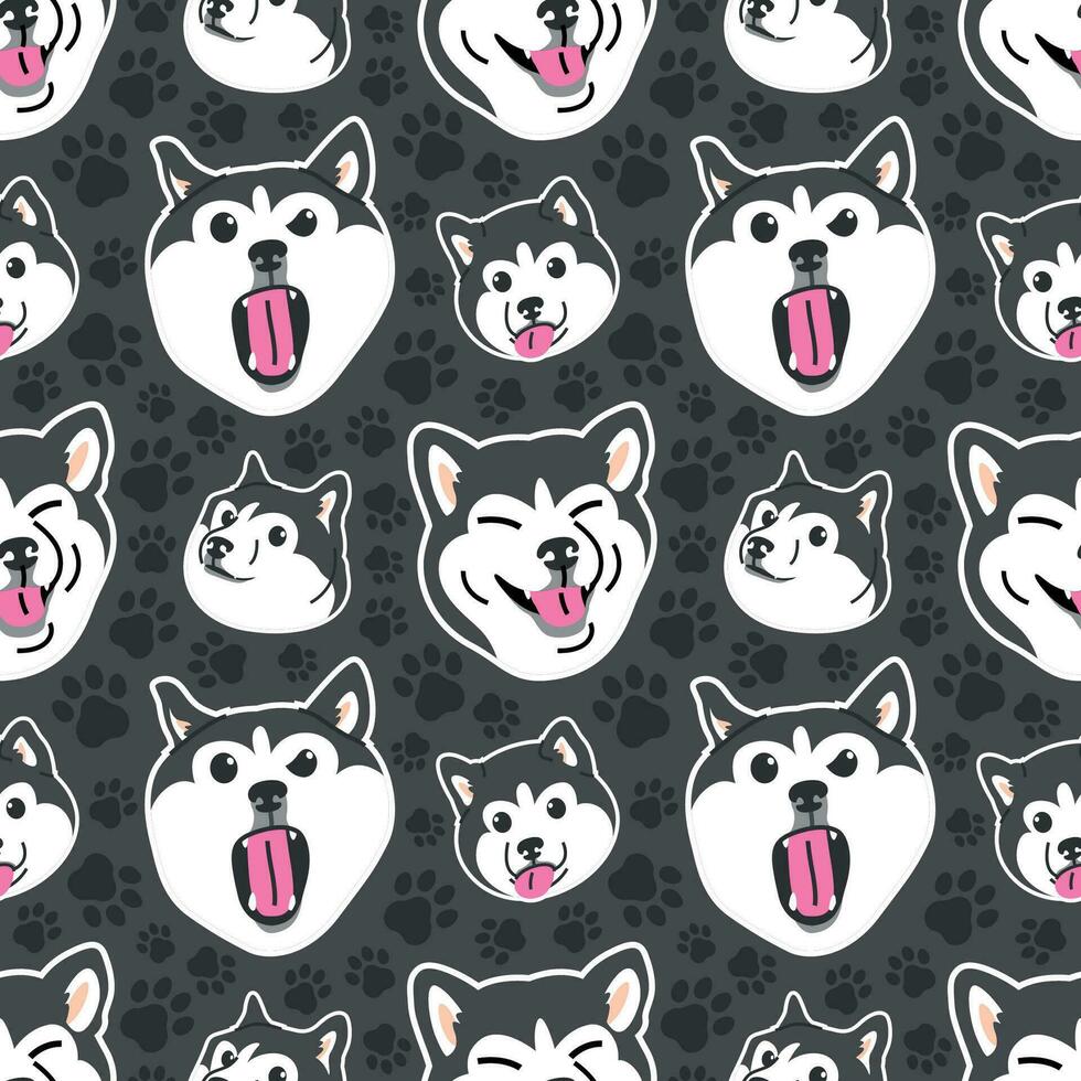 CUTE HUSKY DOG WITH SOME DIFFERENT EXPRESSIONS IN BLACK BACKGROUND. FLAT SEAMLESS PATTERN. vector