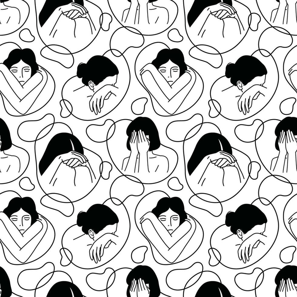 GIRLS IN SOME DIFFERENT POSES IN WHITE BACKGROUND LINE ART SEAMLESS PATTERN DESIGN. vector