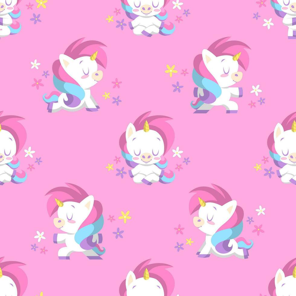 CUTE UNICORN WITH YOGA POSES FLAT SEAMLESS PATTERN. PREMIUM VECTOR. vector