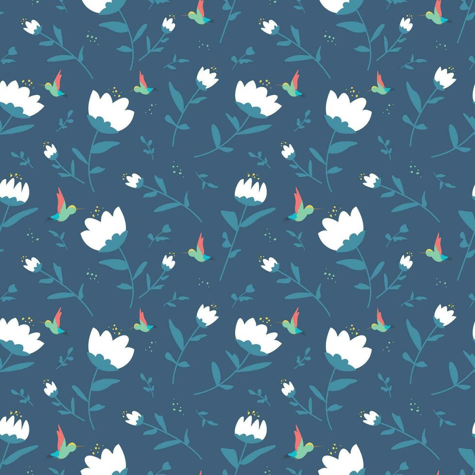 BEAUTIFUL WHITE FLORAL WITH HUMMING BIRDS FLAT SEAMLESS PATTERN DESIGNBEAUTIFUL WHITE FLORAL WITH HUMMING BIRDS FLAT SEAMLESS PATTERN DESIGN vector